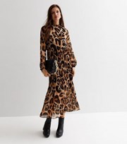 New Look Brown Leopard Print High Neck Pleated Midi Dress